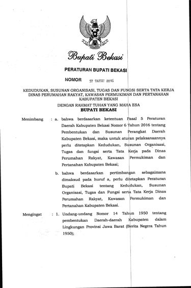 Peraturan Bupati Bekasi No 57 Tahun 2016